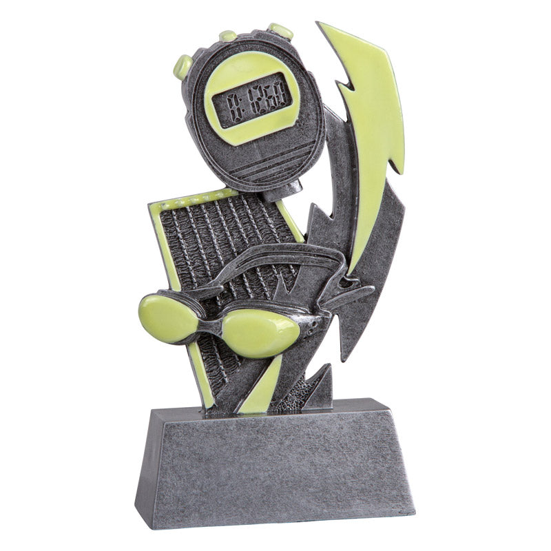 Silver glow in the dark swim trophy featuring goggles, a stop watch, a swim lane, and a lightening bolt.