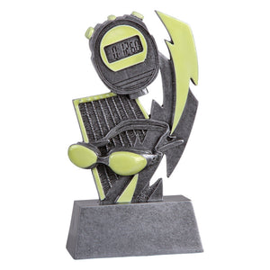 Silver glow in the dark swim trophy featuring goggles, a stop watch, a swim lane, and a lightening bolt.