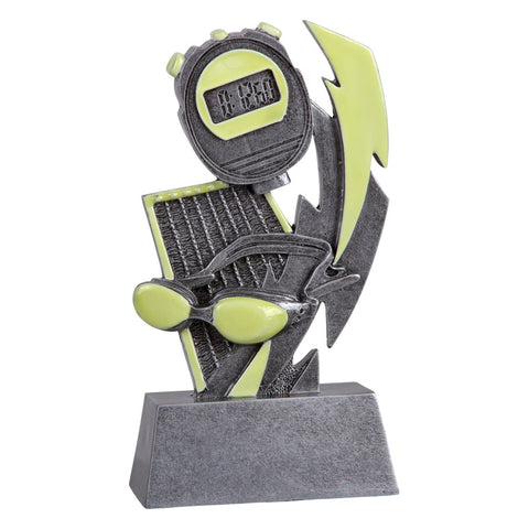 Silver glow in the dark swim trophy featuring goggles, a stop watch, a swim lane, and a lightening bolt.