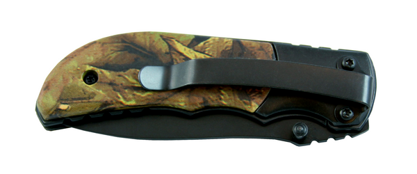 Large tactical camouflage knife with closed blade. Black clip attached to the back of the knife.
