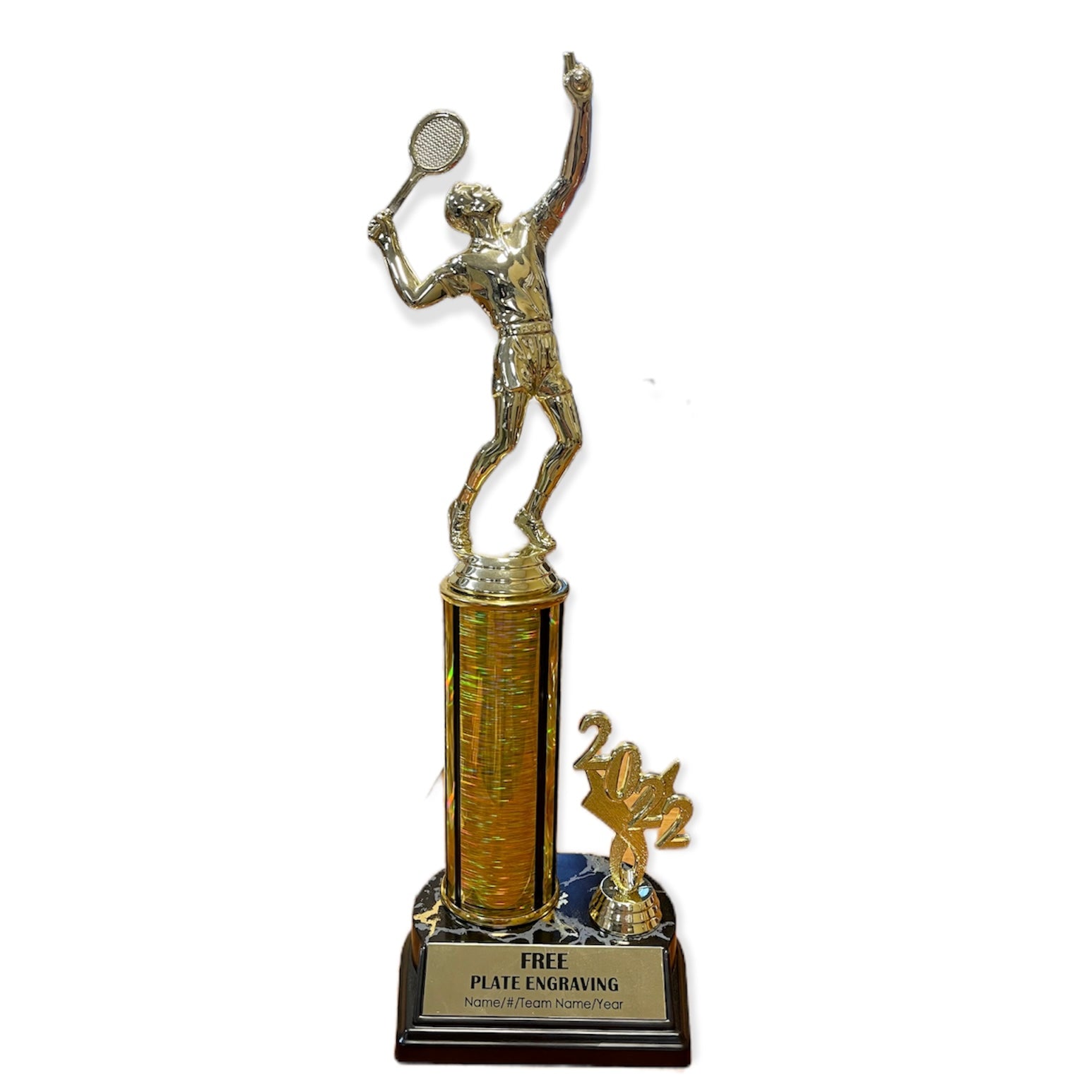 custom engraved tennis trophy. Male or Female tennis awards.