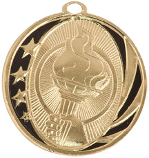 Gold and black victory medal with stars and victory torchdesign