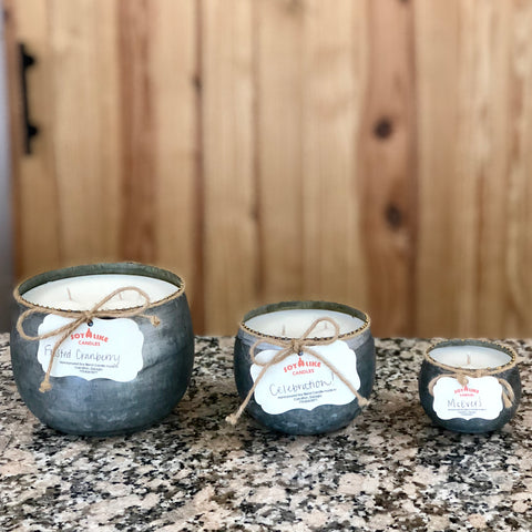 Large, medium or small hand poured galvanized soy wax candles in round tin containers with gold beaded edges