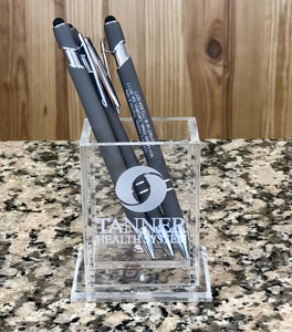 Engraved clear acrylic square pen holder holding pens