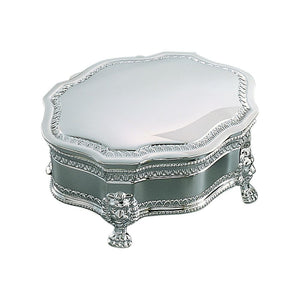 Square shaped silver jewelry box with an ornate feminine design on the sides and top. The top features a flat square space for engraving.
