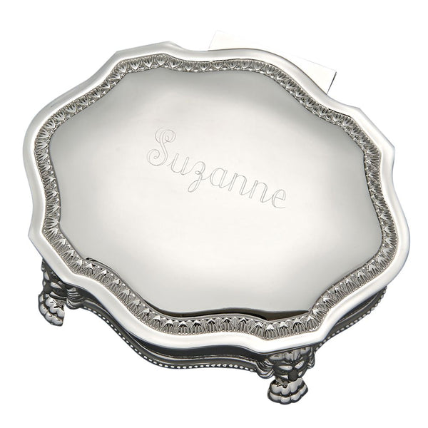 Victorian style octagon shaped jewelry box with feet. Features an ornate design on the sides and border of the top. The lid is is flat shiny silver and is engraved with a name in a beautiful cursive font.