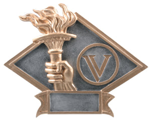 Silver and gold diamond shaped victory trophy featuring a gold outline, hand holding a torch with a flame, and a "V" in a gold outlined circle.