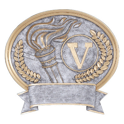 Silver oval victory themed resin featuring a torch, a gold wreath, and a "V"  inside of an outlined circle.