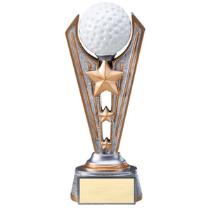 silver and gold golf trophy with free engraved plate