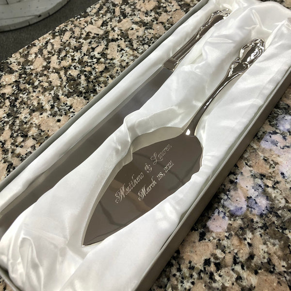 engraved wedding cake server set