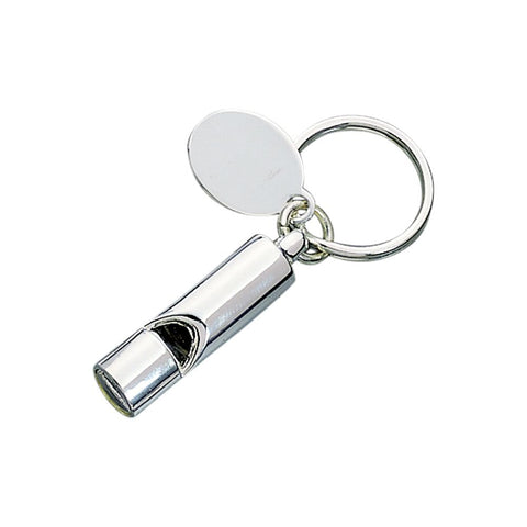 Shiny silver whistle keychain with an oval tag attached for personalization. Both the whistle and oval tag are attached to a silver key ring.