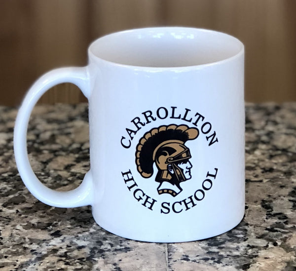 White engraved coffee mug with a Trojan school mascot.
