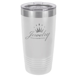 White engraved tumbler with a skinny ribbed bottom to fit in a cup holder. Comes with a clear plastic lid.