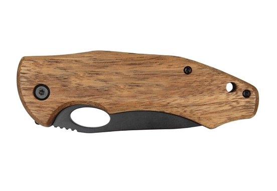 Pocket knife featuring a completely wooden handle construction and a closed black blade.