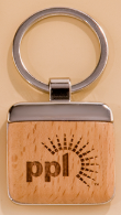 Personalized square wood and metal keychain.