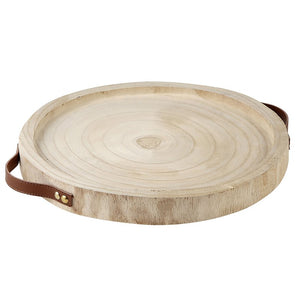 Tray - Round Wood With Leather Handles