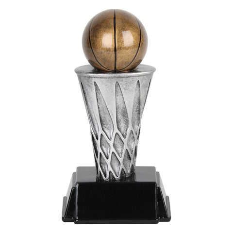 Basketball trophy featuring a black rectangular base and a silver basketball net with a bronze basketball sitting on top.