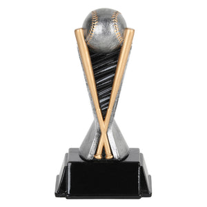 Silver, black and gold baseball trophy featuring a silver baseball at the top, held up by two gold baseball bats.