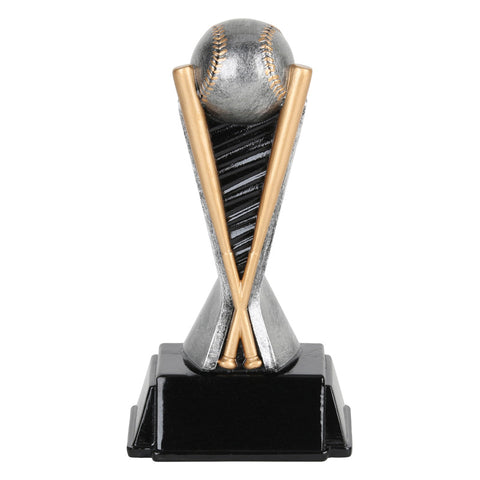 Silver, black and gold baseball trophy featuring a silver baseball at the top, held up by two gold baseball bats.