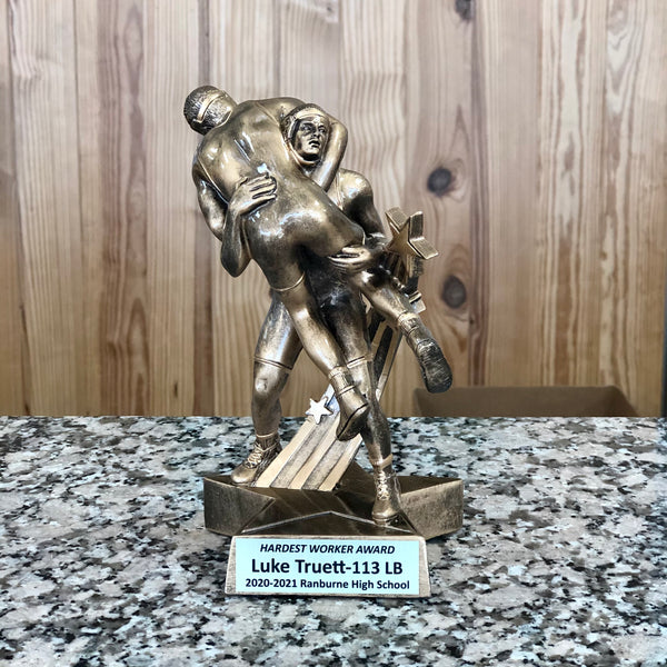 Bronze wrestling resin with free engraved plate.